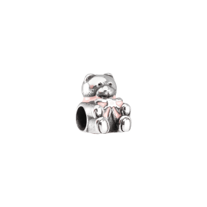 Berloque Espaçador Prata Urso Laço Rosa