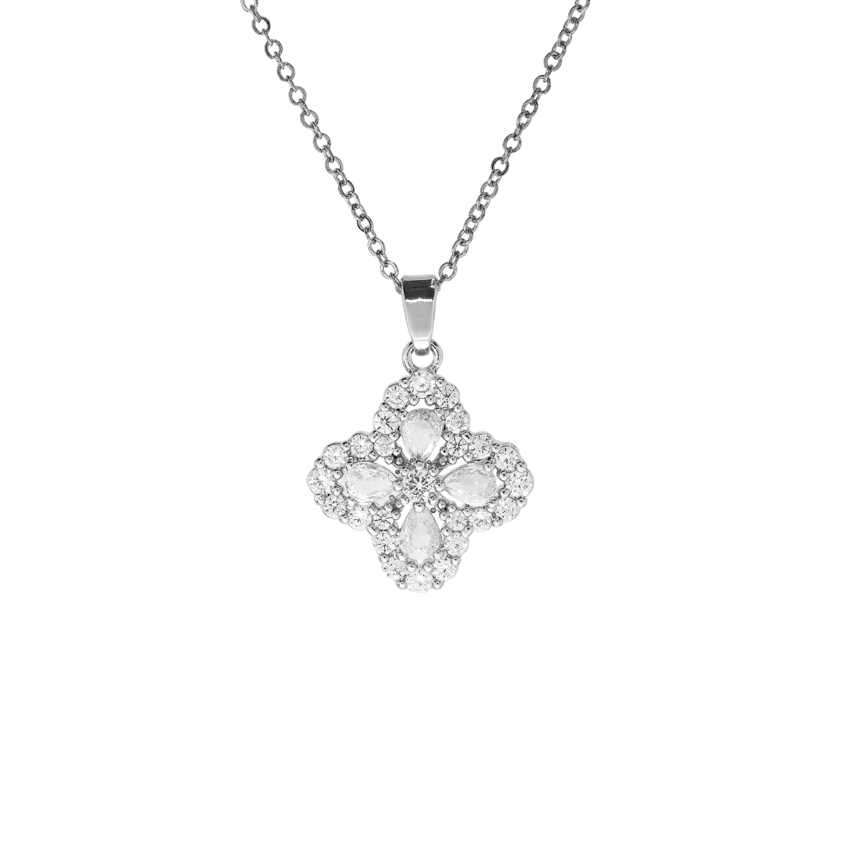 Colar Pingente Flor Brilhante Cravejado Aço Prata