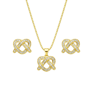 Conjunto Colar e Brinco Coração Pretzel Banhado a Ouro 18k